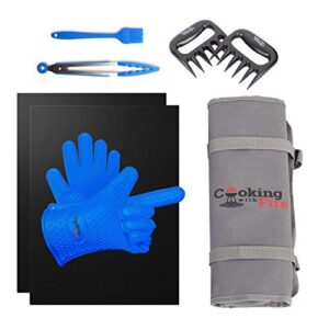 8 piece ultimate smoker & bbq tool set - non-stick grill mats, grilling gloves, meat shredder claws, basting brush, and tongs with reusable travel & storage case