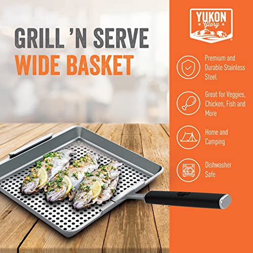 Yukon Glory BBQ 'N Serve™ Wide BBQ Grill Basket The Grilling Basket Includes a Clip-On Handle - Perfect Grill Baskets for Outdoor Grill Vegetables or Fish Basket & Meat