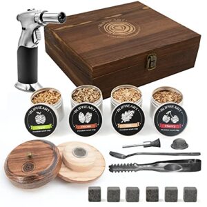 cocktail smoker kit - wooden box premium drink smoker whit 4 flavours wood chips and torch. old fashioned smoker kit. whiskey - bourbon lover best gift (no butane)