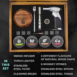 Cocktail Smoker Kit - Wooden Box Premium Drink Smoker whit 4 Flavours Wood Chips and Torch. Old Fashioned Smoker Kit. Whiskey - Bourbon Lover Best Gift (No Butane)