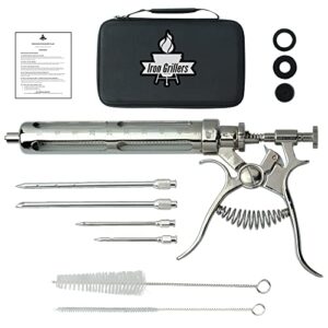 iron grillers meat injector gun for smoking & grilling, large 2 oz glass syringe for cooking bbq, brisket, turkey & more - inject marinade or seasoning for tender flavor! - automatic professional kit