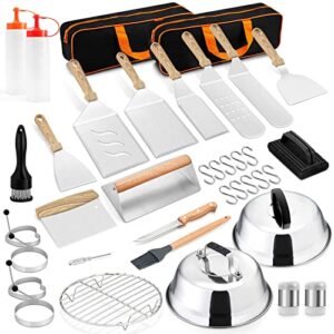 27pcs griddle accessories kit, leonyo stainless steel flat top grill accessories set, outdoor bbq heavy duty metal spatulas with 9" melting domes, burger press, meat tenderizer, cooling rack