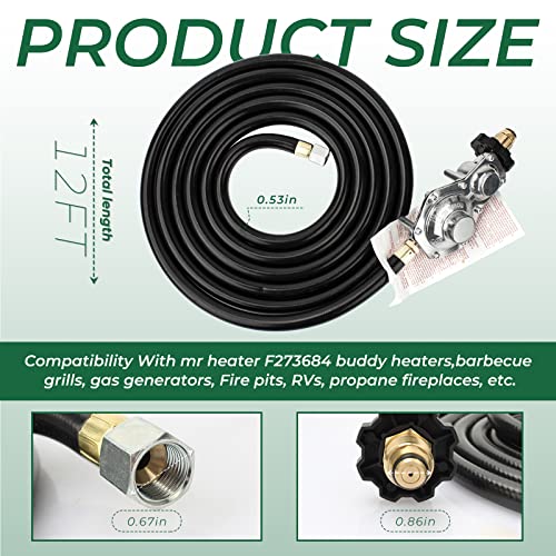 ArrogantF F273684 12 Ft Propane Heater Adapter Hose Assembly And Regulator Kit Compatible with Mr Heater Buddy Heaters, 3/8in Female x 3/8in Male Street Elbow