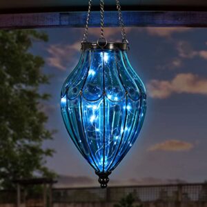 exhart outdoor garden solar lights, blue glass hanging garden lantern with waving metal pattern, 15 led firefly lights, 7.5 x 25 inch