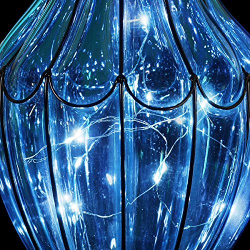 Exhart Outdoor Garden Solar Lights, Blue Glass Hanging Garden Lantern with Waving Metal Pattern, 15 LED Firefly Lights, 7.5 x 25 Inch