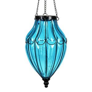 Exhart Outdoor Garden Solar Lights, Blue Glass Hanging Garden Lantern with Waving Metal Pattern, 15 LED Firefly Lights, 7.5 x 25 Inch