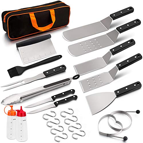 HaSteeL Griddle Grill Accessories 16PCS, Metal Spatula Stainless Steel with Carrying Bag, Professional BBQ Griddle Tools Kit for All Your Grilling Needs - Teppanyaki Flat Top Cooking and Camping