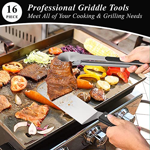 HaSteeL Griddle Grill Accessories 16PCS, Metal Spatula Stainless Steel with Carrying Bag, Professional BBQ Griddle Tools Kit for All Your Grilling Needs - Teppanyaki Flat Top Cooking and Camping