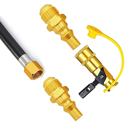 MCAMPAS New Propane/Natural Gas 1/4 Inch Quick Connect Fitting-Full Flow1/4 Quick Plug x 3/8" Male Flare for Connecting Gas Appliance,Heater,Grill Fire Pit, RV Quick Connect.(Solid Brass, 2 Piece)