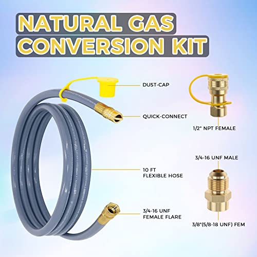 710-0003 Natural Gas Conversion Kit, Hose and Regulator, 10 Feet 1/2 Inch ID Natural Gas Hose with Quick Connect Fittings Compatible with Kitchen-aid, Convert Propane to Natural Gas