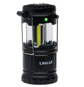 litezall pull up lantern with built-in fan | 200 lumen | with carry handle | weather resistant | fan pivots up to 90 degrees | 3 locking positions | batteries included | great for outdoor and campers