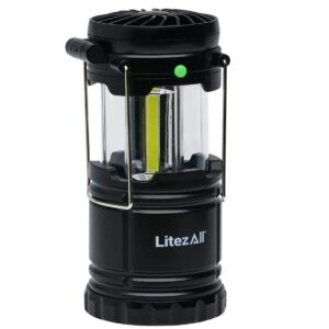 LitezAll Pull Up Lantern with Built-in Fan | 200 Lumen | with Carry Handle | Weather Resistant | Fan Pivots up to 90 Degrees | 3 Locking Positions | Batteries Included | Great for Outdoor and Campers