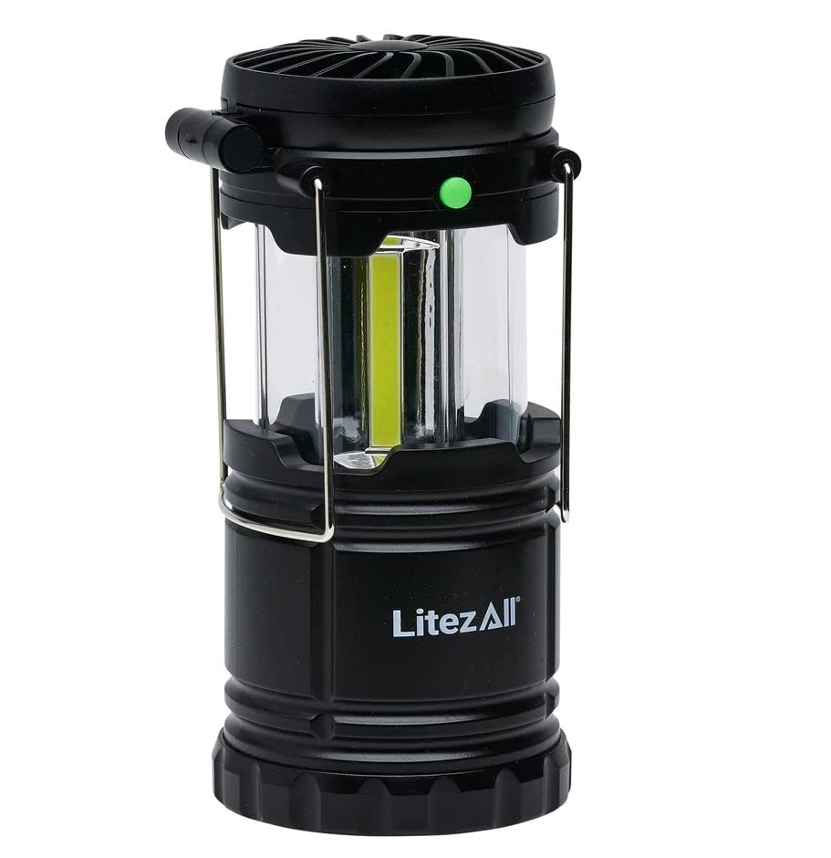 LitezAll Pull Up Lantern with Built-in Fan | 200 Lumen | with Carry Handle | Weather Resistant | Fan Pivots up to 90 Degrees | 3 Locking Positions | Batteries Included | Great for Outdoor and Campers