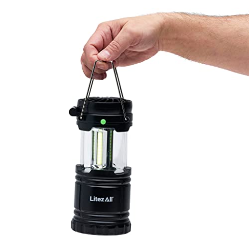 LitezAll Pull Up Lantern with Built-in Fan | 200 Lumen | with Carry Handle | Weather Resistant | Fan Pivots up to 90 Degrees | 3 Locking Positions | Batteries Included | Great for Outdoor and Campers