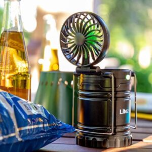 LitezAll Pull Up Lantern with Built-in Fan | 200 Lumen | with Carry Handle | Weather Resistant | Fan Pivots up to 90 Degrees | 3 Locking Positions | Batteries Included | Great for Outdoor and Campers