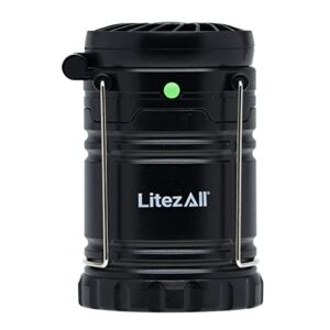 LitezAll Pull Up Lantern with Built-in Fan | 200 Lumen | with Carry Handle | Weather Resistant | Fan Pivots up to 90 Degrees | 3 Locking Positions | Batteries Included | Great for Outdoor and Campers