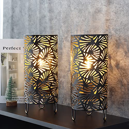 JHY DESIGN Set of 2 Metal Lamp Battery Powered 9''High Accent Cordless Lamp with LED Bulb Huge Fan Patterned Battery Lamp for Weddings Parties Patio Garden Indoors Outdoors Table Bed Room