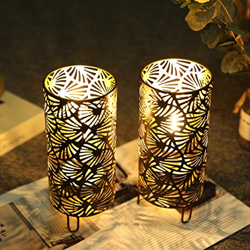 JHY DESIGN Set of 2 Metal Lamp Battery Powered 9''High Accent Cordless Lamp with LED Bulb Huge Fan Patterned Battery Lamp for Weddings Parties Patio Garden Indoors Outdoors Table Bed Room