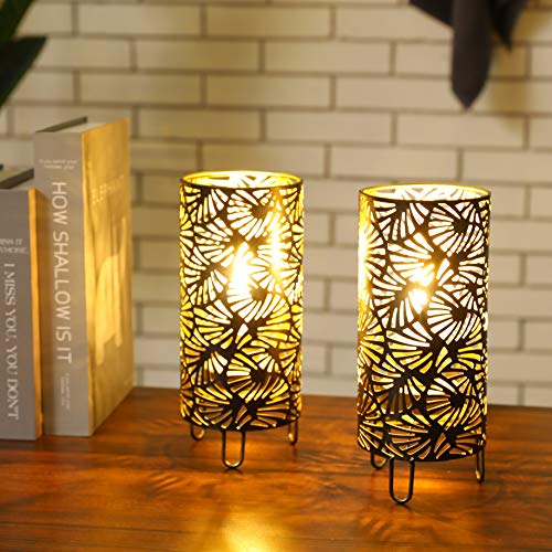 JHY DESIGN Set of 2 Metal Lamp Battery Powered 9''High Accent Cordless Lamp with LED Bulb Huge Fan Patterned Battery Lamp for Weddings Parties Patio Garden Indoors Outdoors Table Bed Room