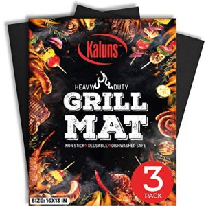 kaluns grill mat, best bbq mat - heat resistant up to 600 degree - nonstick, reusable, dishwasher safe, set of 3