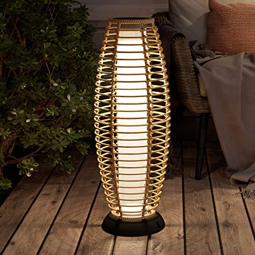 Grand patio Floor Lamp Outdoor Lamp Patio Lights Solar Powered Lantern Weather–Resistant Rattan Deck Lights, Lamp Large-Sized for Garden (Austin Natural Brown)