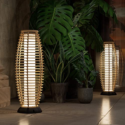 Grand patio Floor Lamp Outdoor Lamp Patio Lights Solar Powered Lantern Weather–Resistant Rattan Deck Lights, Lamp Large-Sized for Garden (Austin Natural Brown)