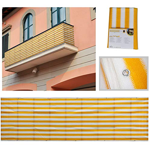 SLDHFE Balcony Privacy Screen 5 x 0.9 M Yellow and White Striped Windbreak Net Fence Sunshade Weatherproof HDPE Privacy Protector Balcony Cover with 24 Cable Ties and 66 Ft Rope