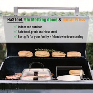 9In Melting Dome & 7In Burger Press, HaSteeL Round Basting Steam Cover with Stainless Steel Bacon Press, Metal Griddle Accessories for Flat Top Teppanyaki Hibachi Grilling Cooking BBQ, Easy to Clean