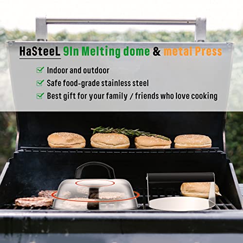 9In Melting Dome & 7In Burger Press, HaSteeL Round Basting Steam Cover with Stainless Steel Bacon Press, Metal Griddle Accessories for Flat Top Teppanyaki Hibachi Grilling Cooking BBQ, Easy to Clean