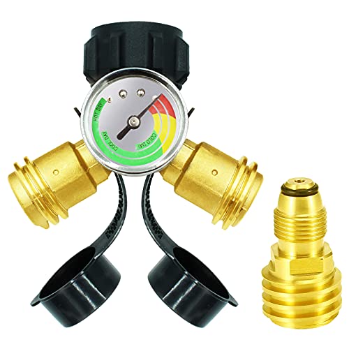 MOFLAME Propane Tank Gauge with POL to QCC1/ Type1 Regulator Y-Splitter Tee Adaptor for 5lb-100lb Propane Tank Connection to BBQ Grills, Camping Stoves, Gas Burners, Heate Etc