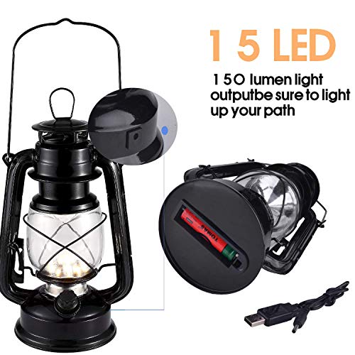 Rechargeable Vintage Hurricane Lantern, Warm White Battery Operated Lantern with Dimmer Switch, 15 LEDs Metal Hanging Lantern for