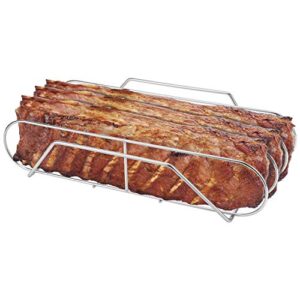 extra long stainless steel rib rack for smoking and grilling, holds up to 3 full racks of ribs, fits 18” or larger gas smoker or charcoal grill, perfect smoker accessories gifts for men
