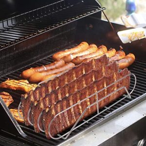 Extra Long Stainless Steel Rib Rack for Smoking and Grilling, Holds up to 3 Full Racks of Ribs, Fits 18” or Larger Gas Smoker or Charcoal Grill, Perfect Smoker Accessories Gifts for Men