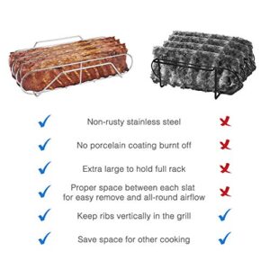 Extra Long Stainless Steel Rib Rack for Smoking and Grilling, Holds up to 3 Full Racks of Ribs, Fits 18” or Larger Gas Smoker or Charcoal Grill, Perfect Smoker Accessories Gifts for Men