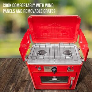 Hike Crew Outdoor Gas Camping Oven w/Carry Bag | 2-in-1 Portable Propane-Powered Stovetop & Oven w/ 2-Burner Cooktop Range, Auto Ignition, Overheat Safety Shutoff, Built-In Thermometer, Hose Regulator