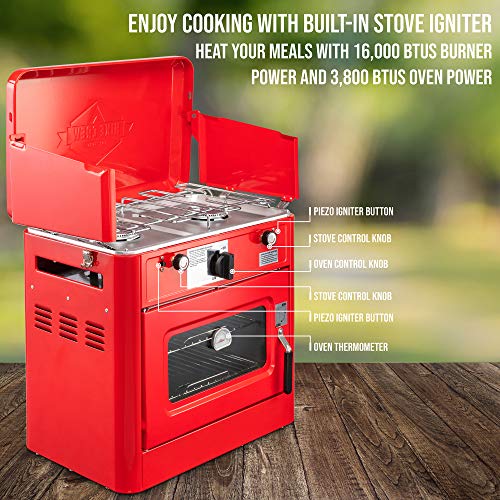 Hike Crew Outdoor Gas Camping Oven w/Carry Bag | 2-in-1 Portable Propane-Powered Stovetop & Oven w/ 2-Burner Cooktop Range, Auto Ignition, Overheat Safety Shutoff, Built-In Thermometer, Hose Regulator