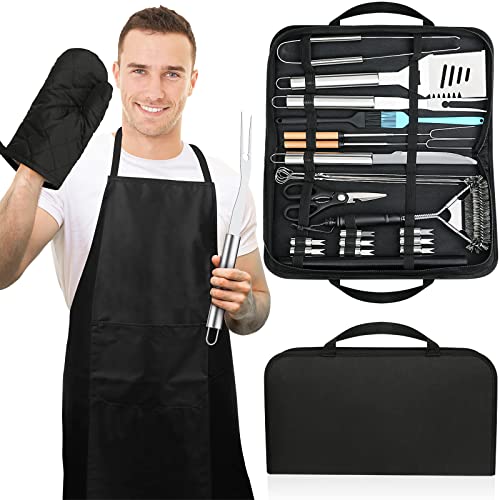 Heavy Duty Stainless Steel Basic BBQ Grill Accessories Barbecue Tool Utensils Set with Cleaning Scraper Brush Spatula Long Tongs Fork Storage Apron, Grilling Gift for Men Outdoor Barbecue Kit (30PCS)