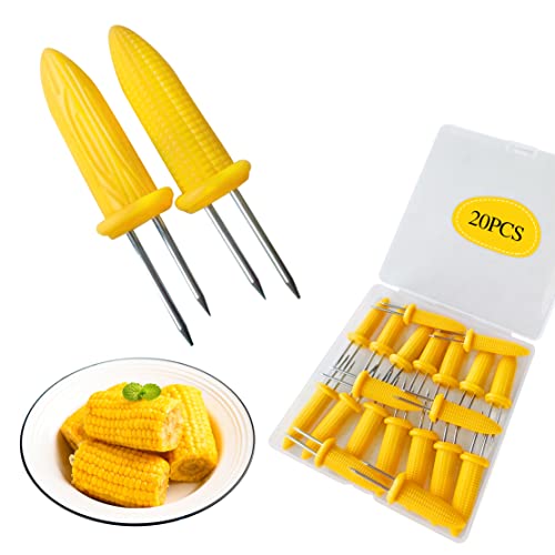 Kadden 20 PCS/Set Corn on The Cob Holders, Stainless Steel Heat Resistant Non Slip Barbecue Corn Prongs Skewers for BBQ, Cooking, Birthday Party (Yellow)