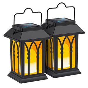 gisanty solar hanging lanterns outdoor,2 pack black flickering candles hanging solar lanterns ip44 waterproof lighting decorative for porch table patio