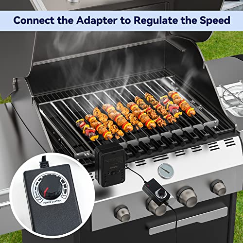 Skyflame Shish Kabob Skewers Set with Adjustable Speed Electric Motor, Stainless Steel Adjustable Length Automatic Rotating Rotisserie BBQ Grill Rack Kit with 10pcs Skewers for Most Grills