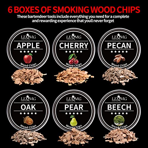 LEQMG Cocktail Smoker Kit with Six Flavors Wood Chips,Bourbon,Whiskey,Drink Smoker Kit,Old Fashioned Smoker Kit,Gift For Father,Husband and Men(Without Butane)