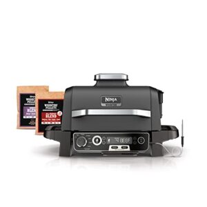 ninja og751 woodfire pro outdoor grill & smoker with built-in thermometer, 7-in-1 master grill, bbq smoker, air fryer, bake, roast, dehydrate, broil, ninja woodfire pellets, portable, electric, grey