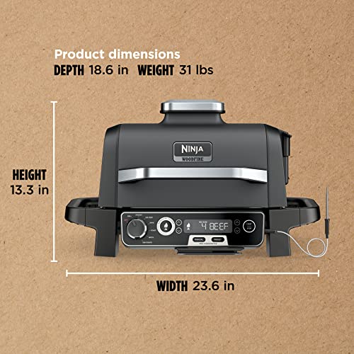 Ninja OG751 Woodfire Pro Outdoor Grill & Smoker with Built-In Thermometer, 7-in-1 Master Grill, BBQ Smoker, Air Fryer, Bake, Roast, Dehydrate, Broil, Ninja Woodfire Pellets, Portable, Electric, Grey