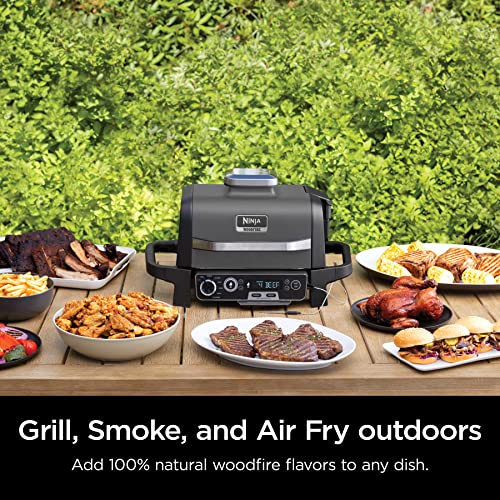 Ninja OG751 Woodfire Pro Outdoor Grill & Smoker with Built-In Thermometer, 7-in-1 Master Grill, BBQ Smoker, Air Fryer, Bake, Roast, Dehydrate, Broil, Ninja Woodfire Pellets, Portable, Electric, Grey