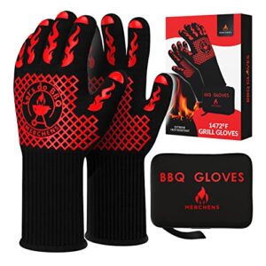 merchens oven mitts - insulated, fireproof, extreme heat resistant silicone grill gloves that take barbecuing to new heights - extra long oven mitts - indoor & outdoor wear with protective case (red)