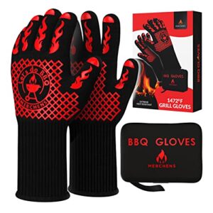 MERCHENS Oven Mitts - Insulated, Fireproof, Extreme Heat Resistant Silicone Grill Gloves That Take Barbecuing to New Heights - Extra Long Oven Mitts - Indoor & Outdoor Wear with Protective Case (Red)