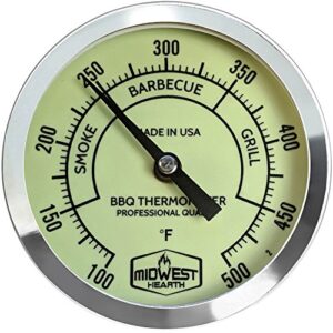 midwest hearth bbq smoker thermometer for barbecue grill, pit, barrel 3" dial (4" stem length, glow dial)