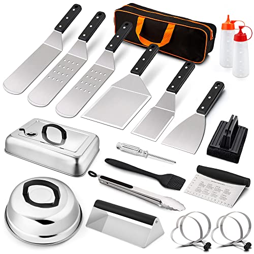 Leonyo Griddle Accessories Set of 20, Stainless Steel Grill Accessories Kit with Metal Spatula, 13" & 9" Melting Dome, Burger Grill Press, Professional Hibachi Grilling Tool for Flat Top, Outdoor BBQ