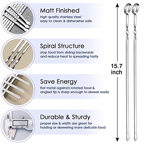 22 Packs Kabob Skewers for Grilling, HaSteeL 15.7” Flat Metal Kabob Sticks with Storage Bag, Reusable 20Pcs Stainless Steel Long Skewers & 1 Basting Brush for Shish Kabobs, Meat, Vegetable, Shrimp