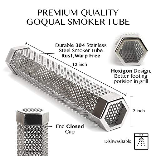 Goqual 12" Hexagon Premium Smoker Tube/1 Silicone Brush/2 S-Shaped Hooks/1 Black Cleaning Brush/1 Heat Resistant Grill Glove Accessories-up to 4-6 Hours, Cold and Hot Smoking, Smoke Tube for Grill